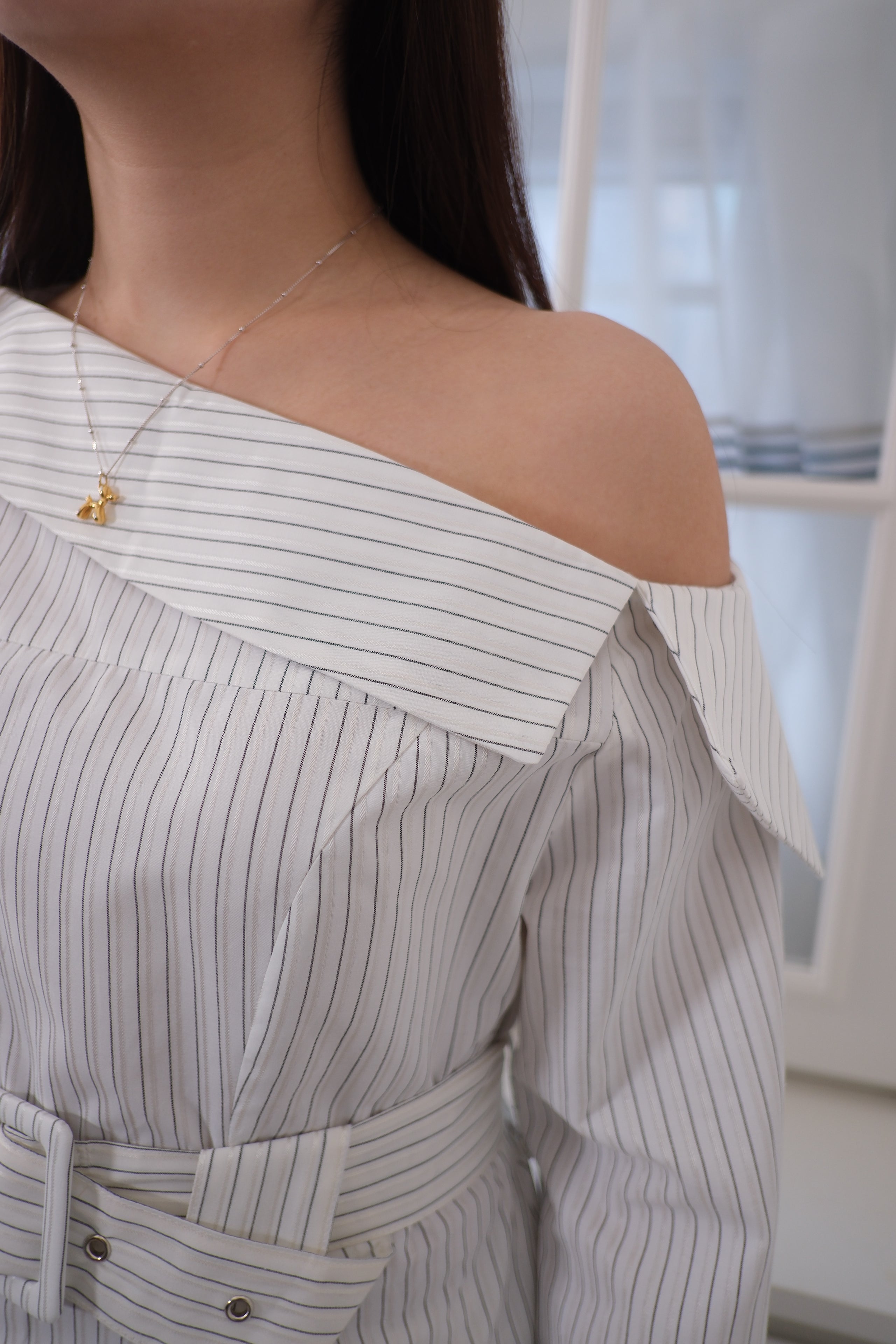Striped Off-Shoulder Belt Blouse [T0261]