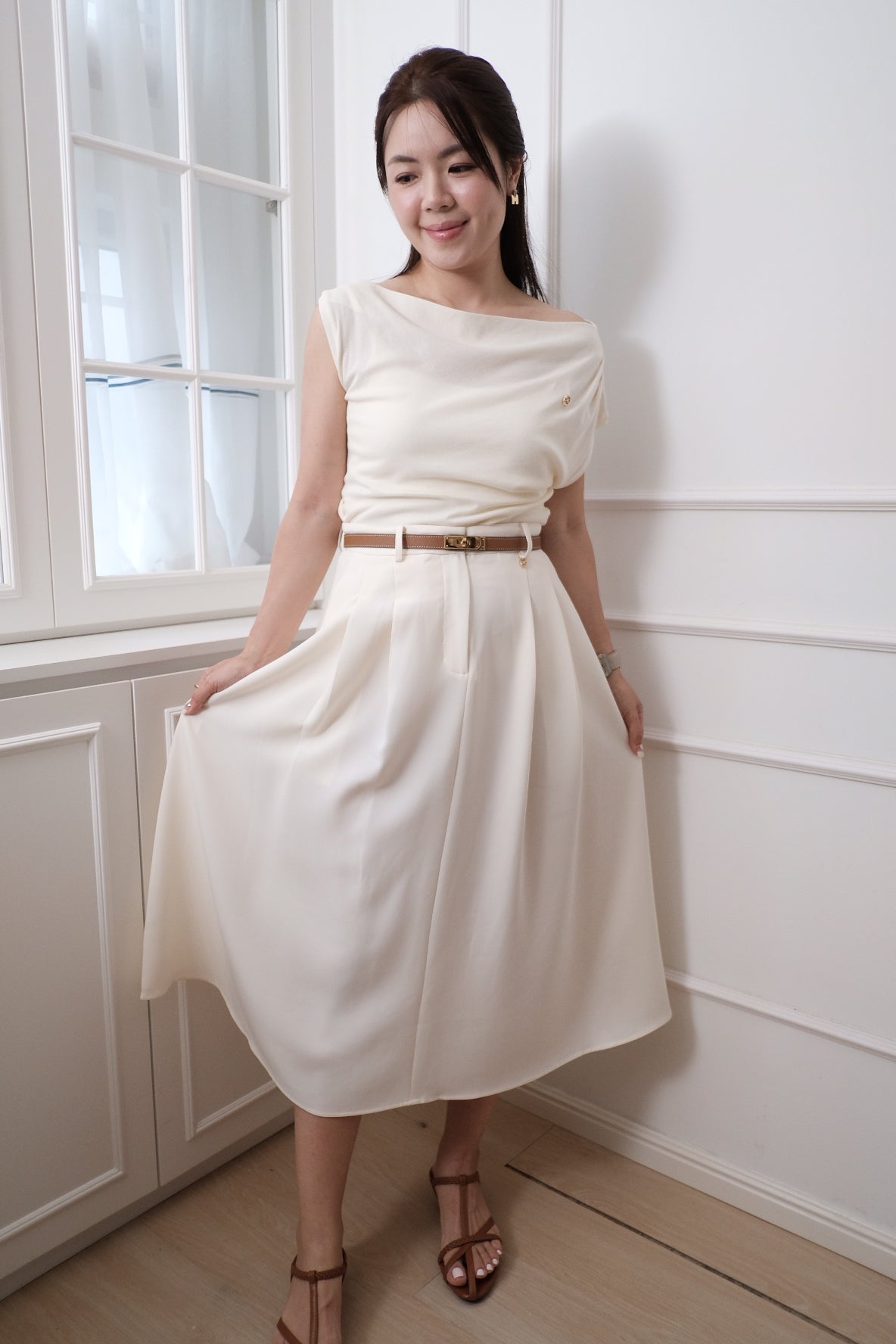 【LE ZANS BRAND COLLECTION】Cream Satin A-Line Midi Skirt [SK0079]