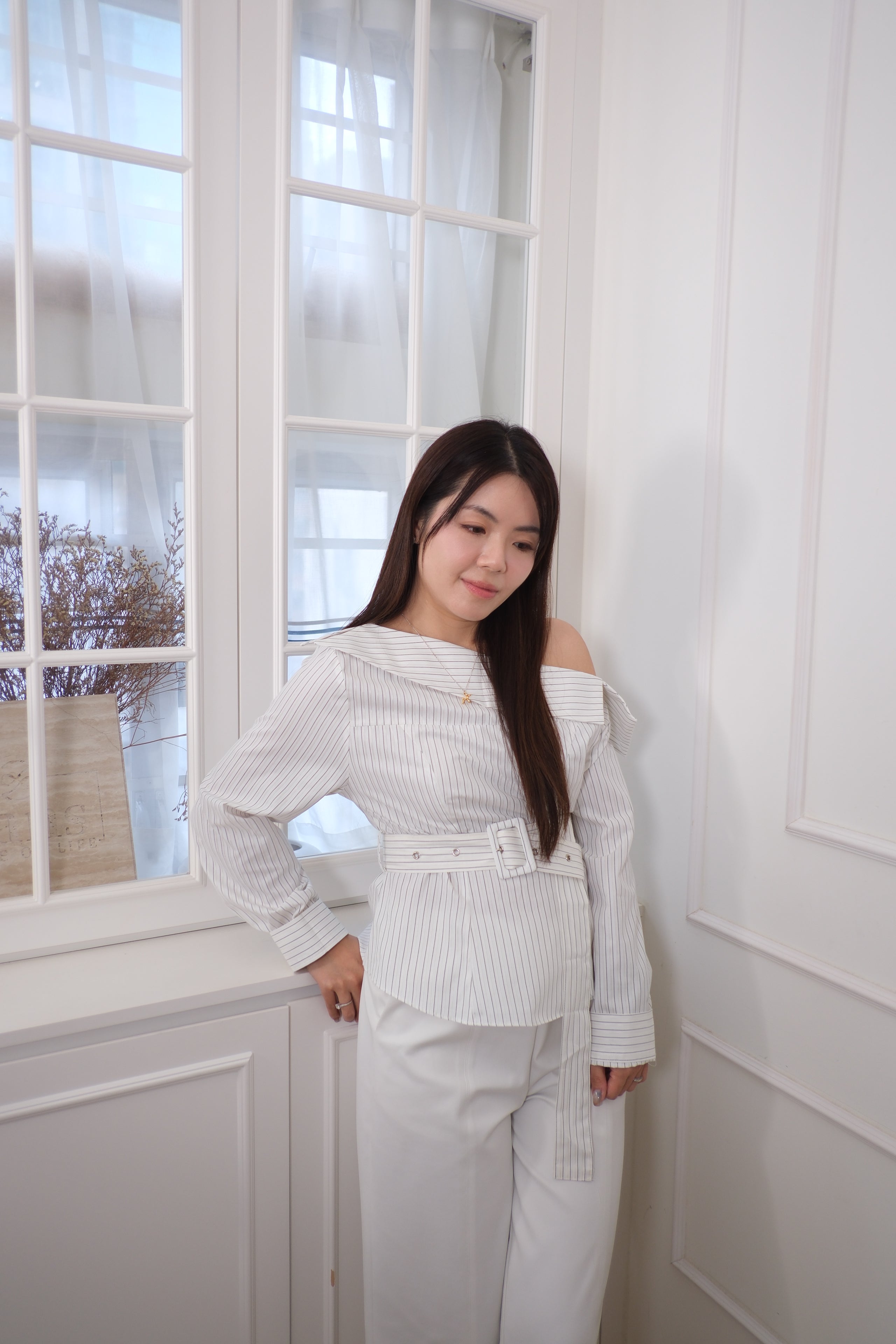 Striped Off-Shoulder Belt Blouse [T0261]