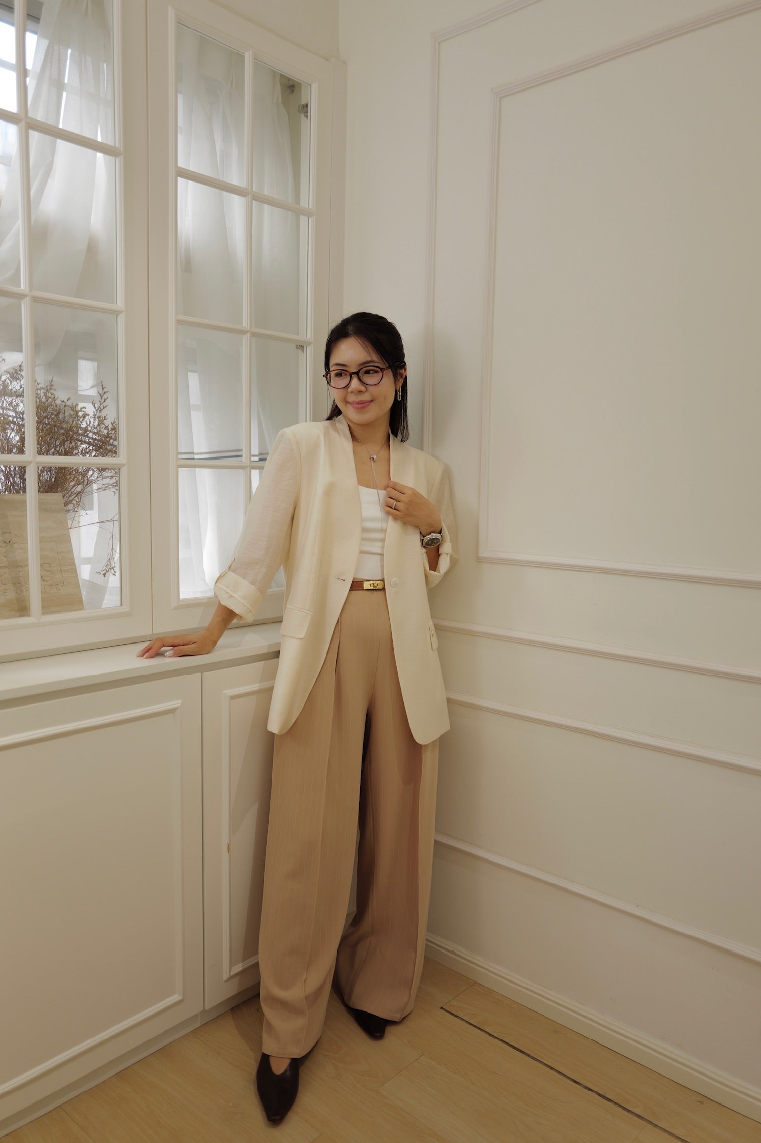 【LE ZANS BRAND COLLECTION】Blazer with Rolled Sleeves (20% Acetate, 57% Lyocell, 17% Rayon, 6% Linen) [J0138]