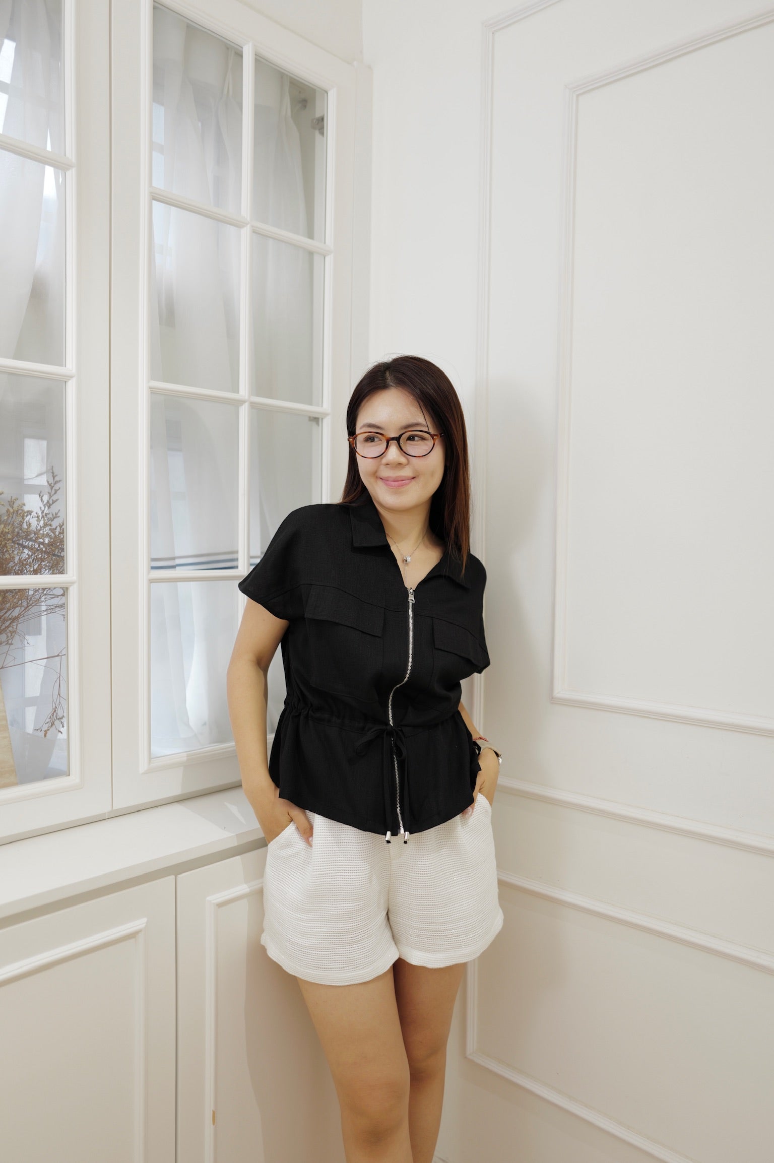 Utility Zip-Front Drawstring Blouse [J0135]