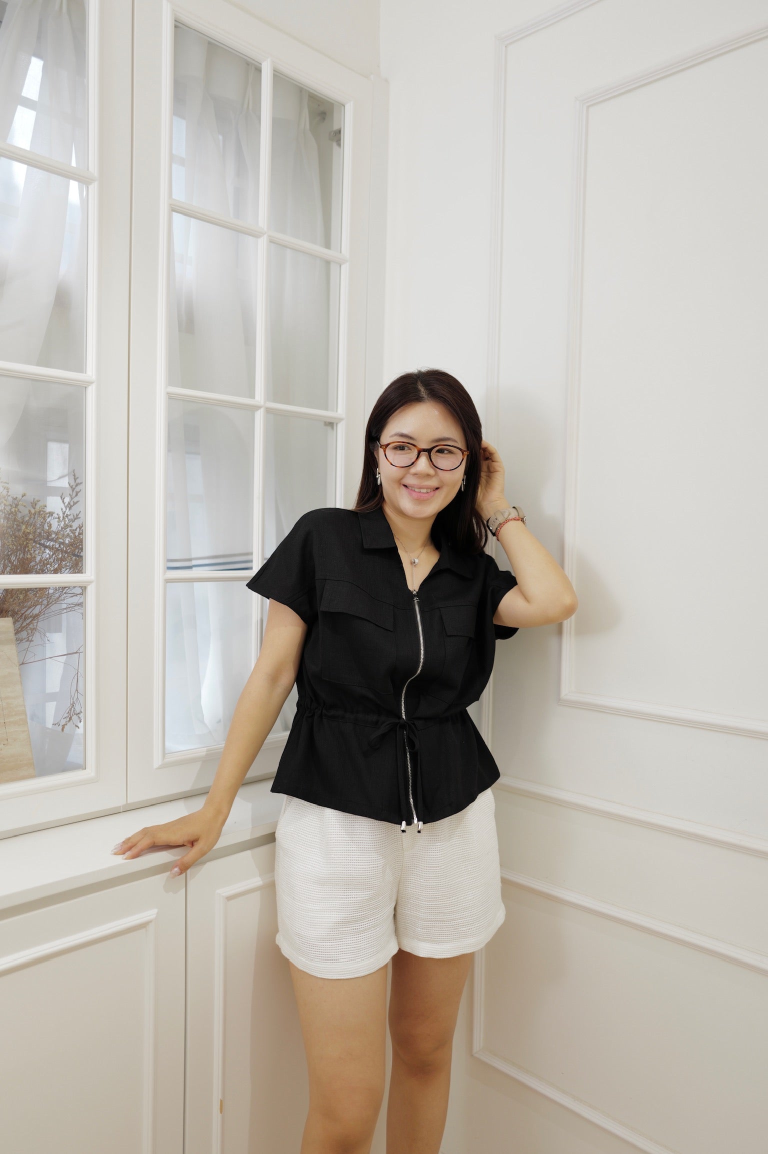Utility Zip-Front Drawstring Blouse [J0135]